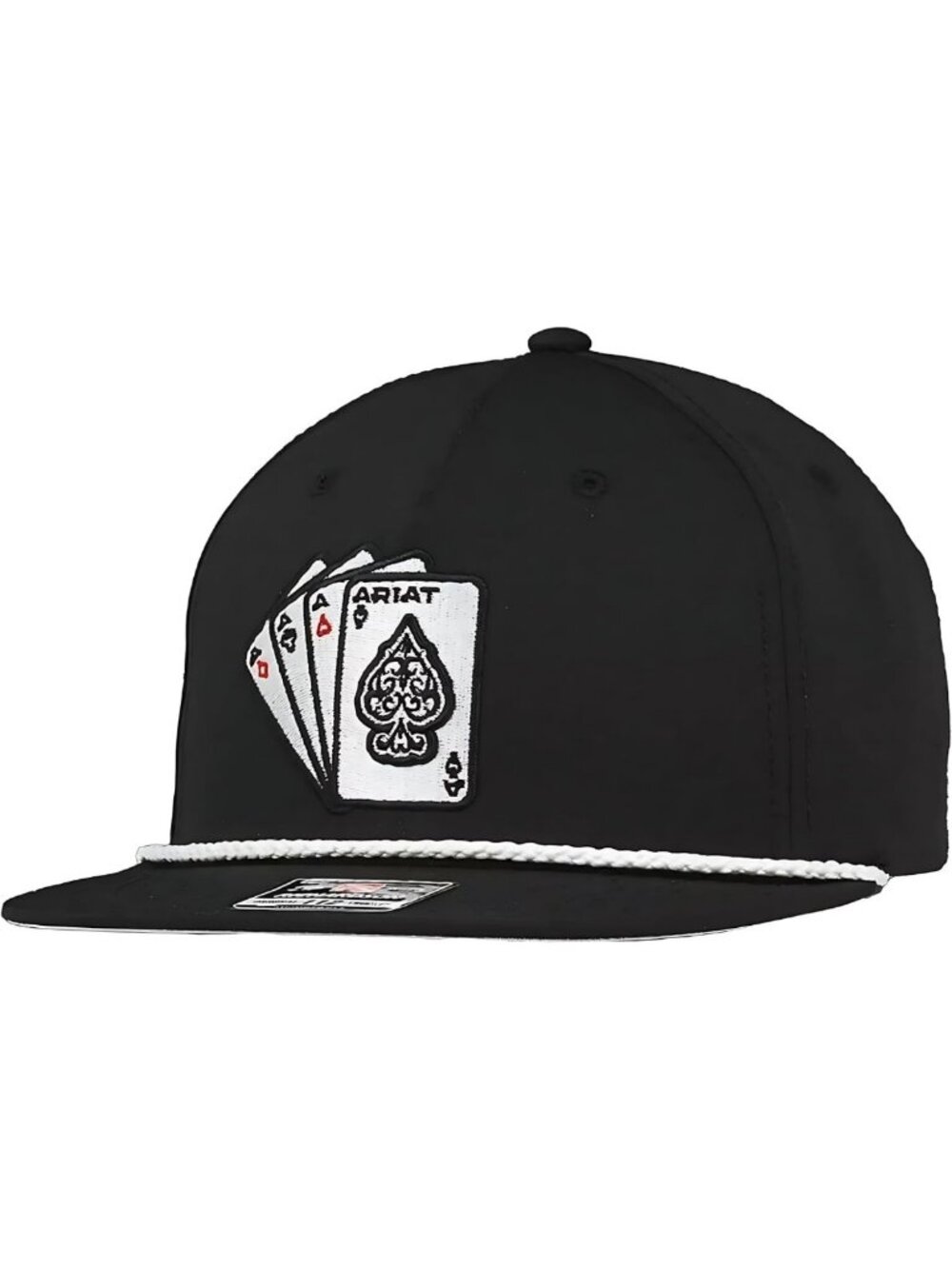 Men's Snapback Cap, 3D Embroidered Ace Cards, White Rope Detail, Black Hat